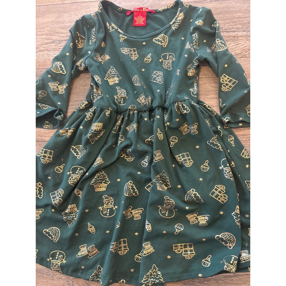 Emma & Elsa Girls Green Gold Foil Christmas Snowman Dress Size 5 SK-GKD3035X-212